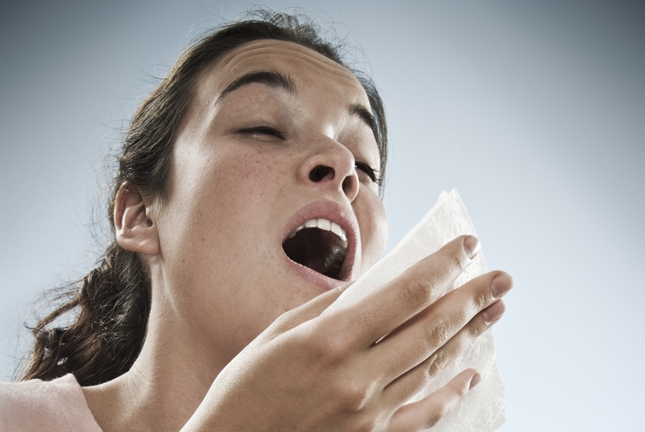 An image of a lady sneezing